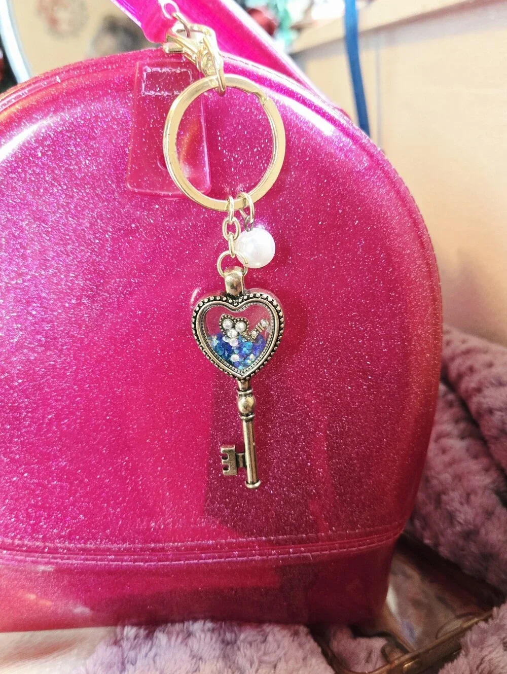 Gold Shaker Heart Key Charm Keychain with Blue Accent
